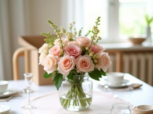 定期的に届けられる美しい花束がテーブルに飾られている様子